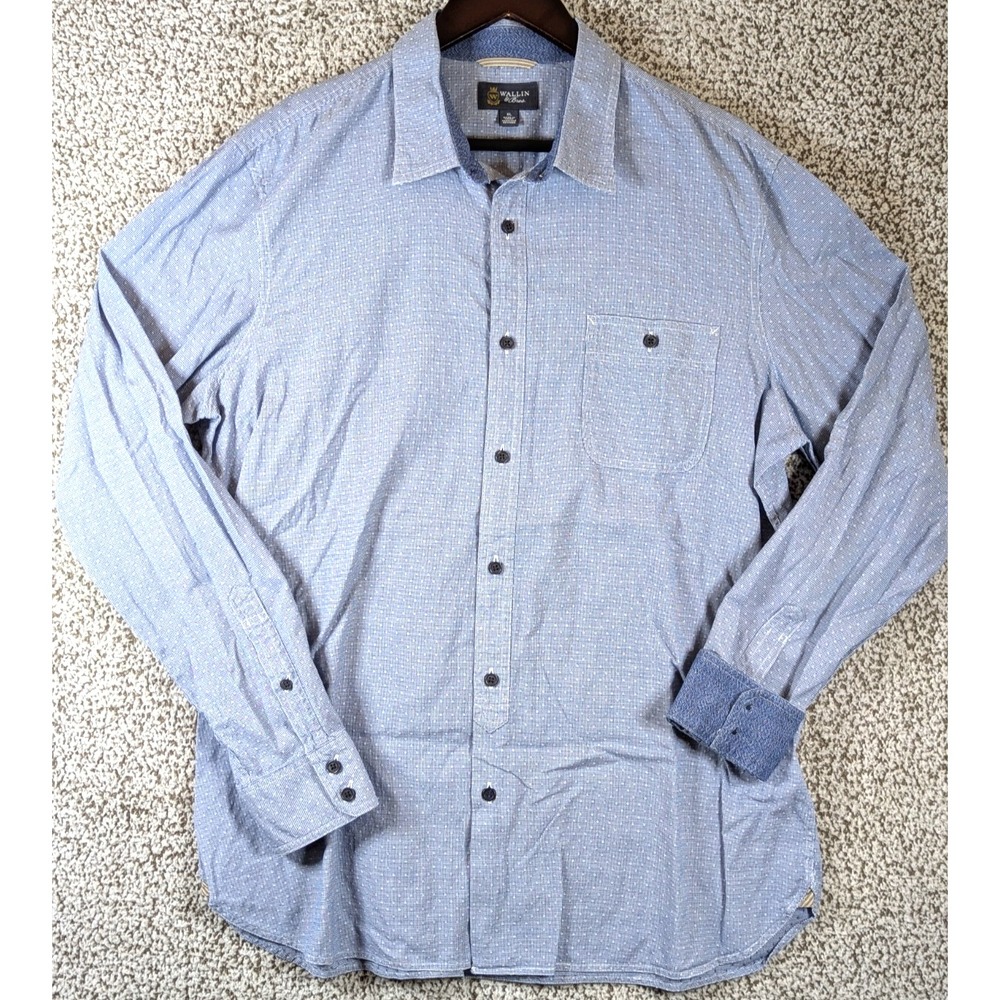Wallin Bros Button Up Shirt Men's Size XL Blue Flip Cuff Embroidered Long Sleeve
